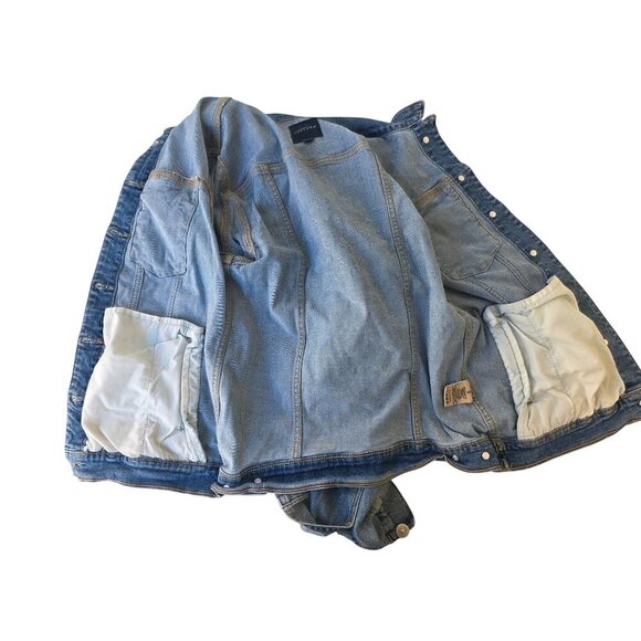 Justusa Denim Stretch Jean Jacket Women Sz S Buttons Distress Pockets Adjust Hem - Picture 10 of 10